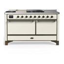 ILVE Majestic III 60-inch Dual Fuel Range with 5 Liquid Propane Burner, Griddle, French Top and Solid Door Electric Oven in Antique White with Burnished Trim (UM60FSQNR3AWBLP)