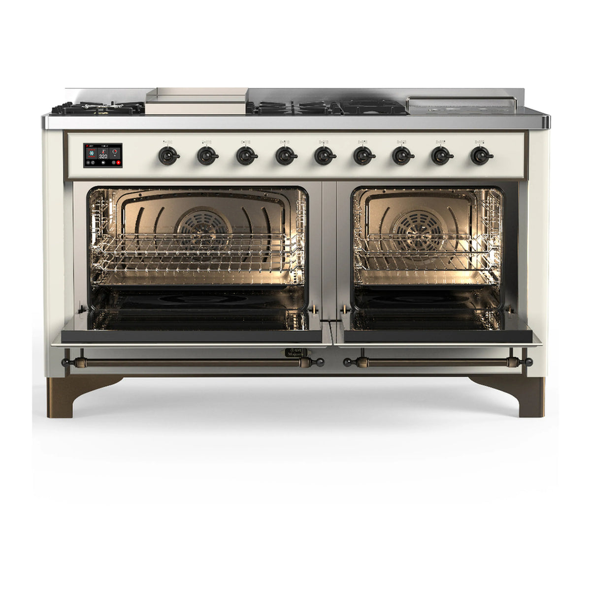 ILVE dual fuel range with antique white front; both oven doors open showing racks inside