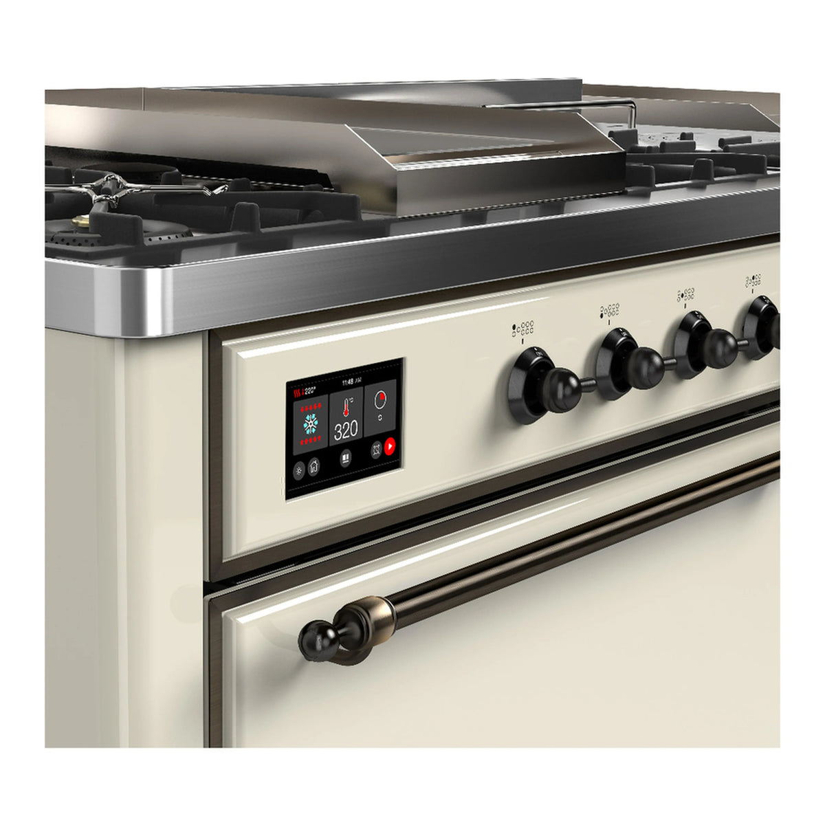 ILVE dual fuel range control panel in antique white with burner grates and front handle