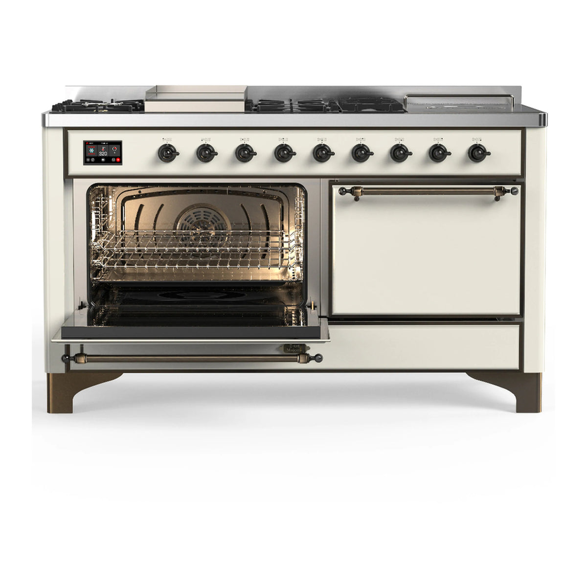 Antique white dual fuel range with one oven door open and interior oven rack