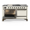 ILVE Majestic III 60-inch Dual Fuel Range with 7 Natural Gas Burner, Griddle, French Top and Solid Door Electric Oven in Antique White with Burnished Trim (UM60FSQNR3AWB)