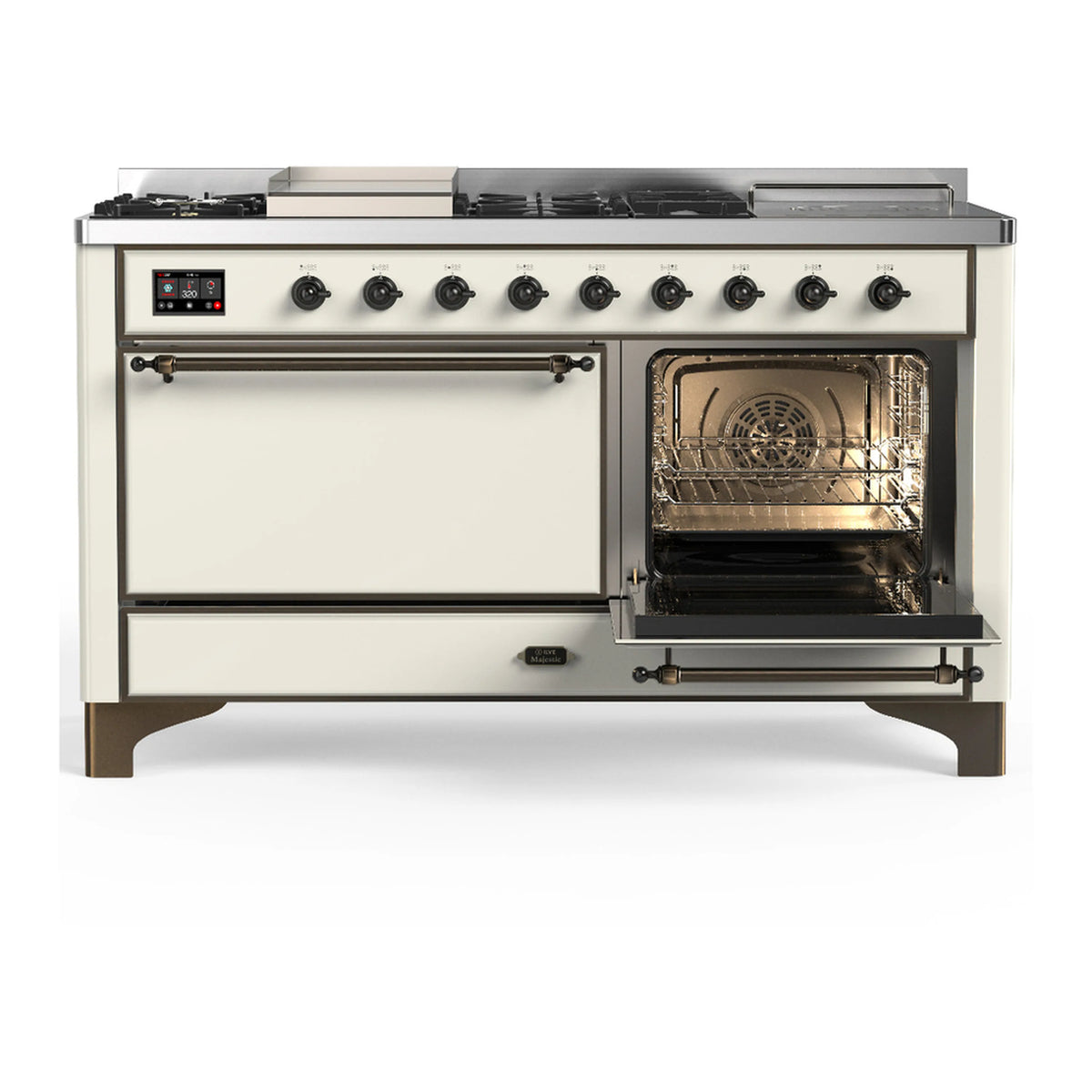Antique white dual fuel range with right oven door open and visible oven interior