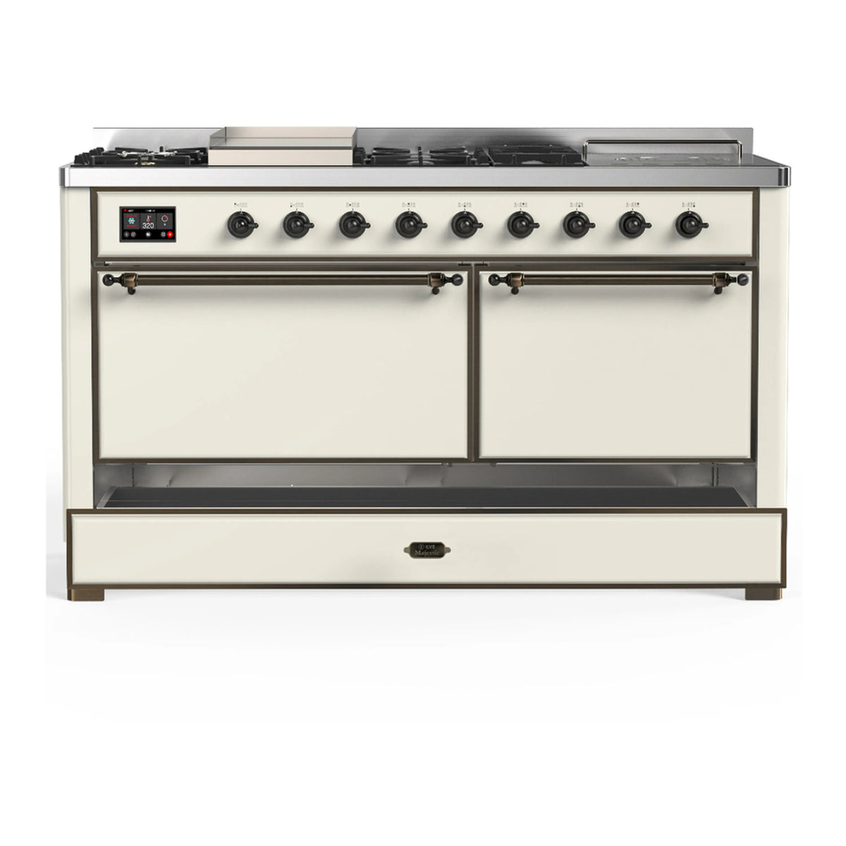 Antique white dual fuel range with closed double oven doors and front control panel