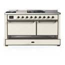 ILVE Majestic III 60-inch Dual Fuel Range with 7 Natural Gas Burner, Griddle, French Top and Solid Door Electric Oven in Antique White with Burnished Trim (UM60FSQNR3AWB)