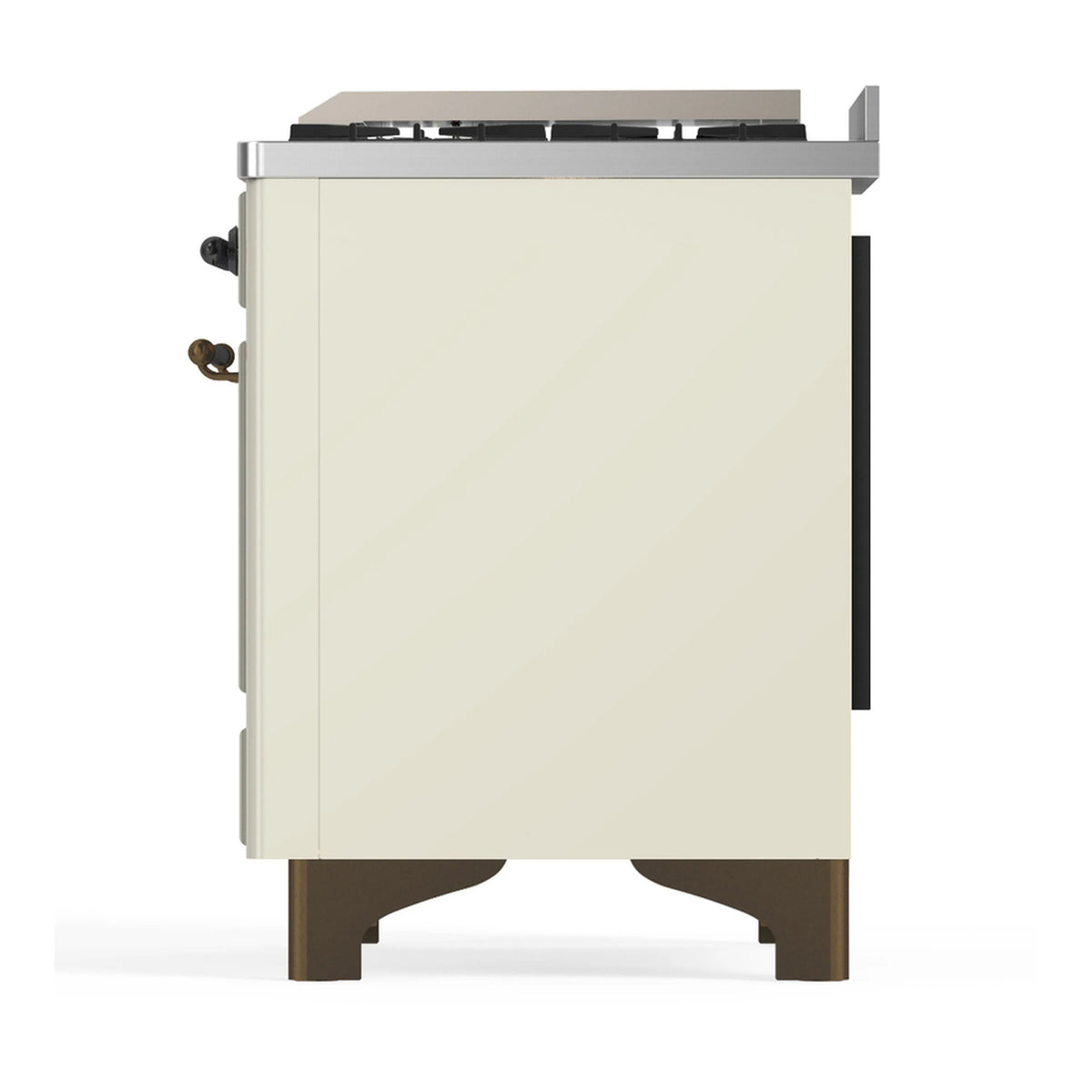 Antique white dual fuel range rear-side view with open trim and leveling feet