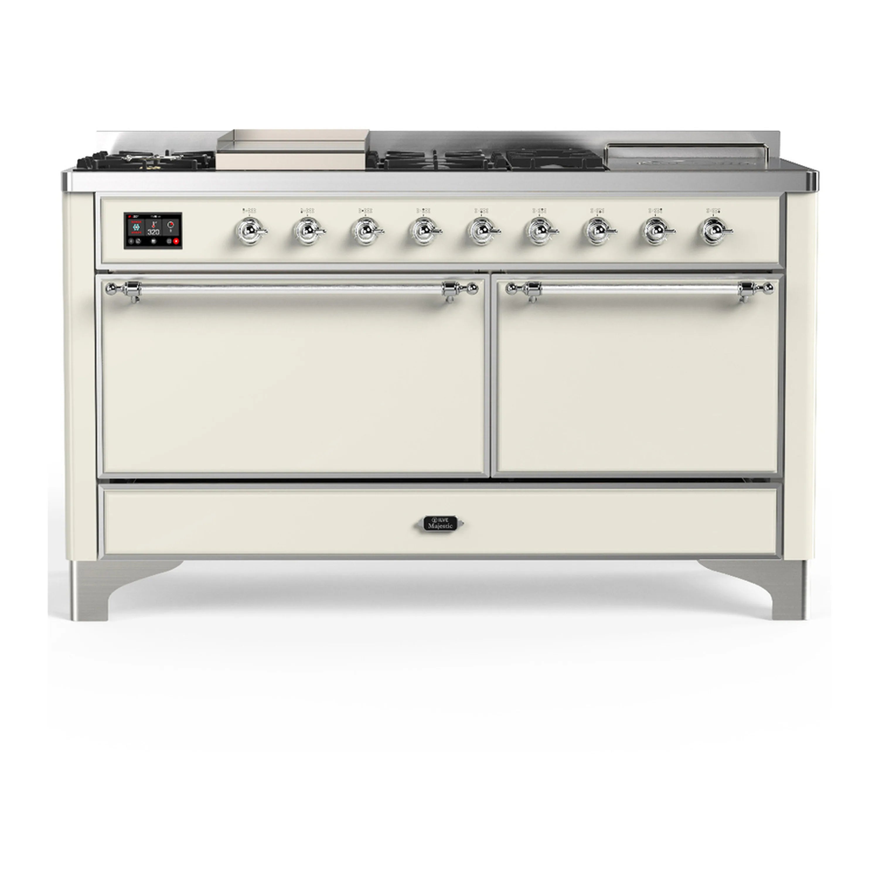 Antique white dual fuel range with chrome trim, closed oven doors and top burner knobs