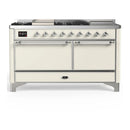 ILVE Majestic III 60-inch Dual Fuel Range with 5 Liquid Propane Burner, Griddle, French Top and Solid Door Electric Oven in Antique White with Chrome Trim (UM60FSQNR3AWCLP)