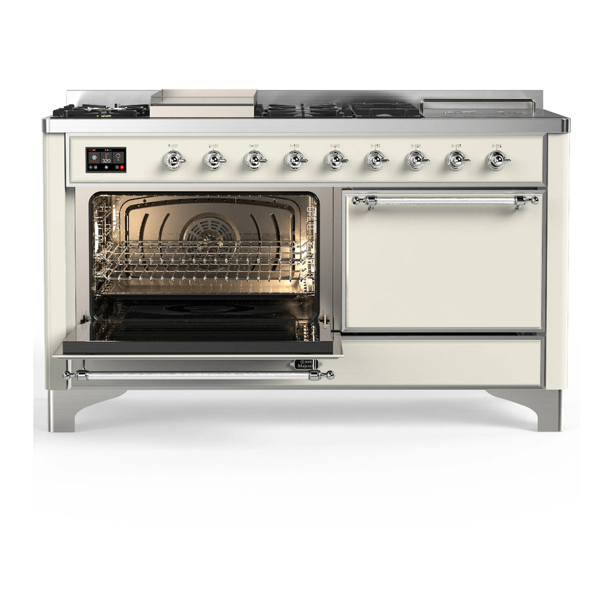 Antique white range with chrome trim, left oven door open with wire racks inside