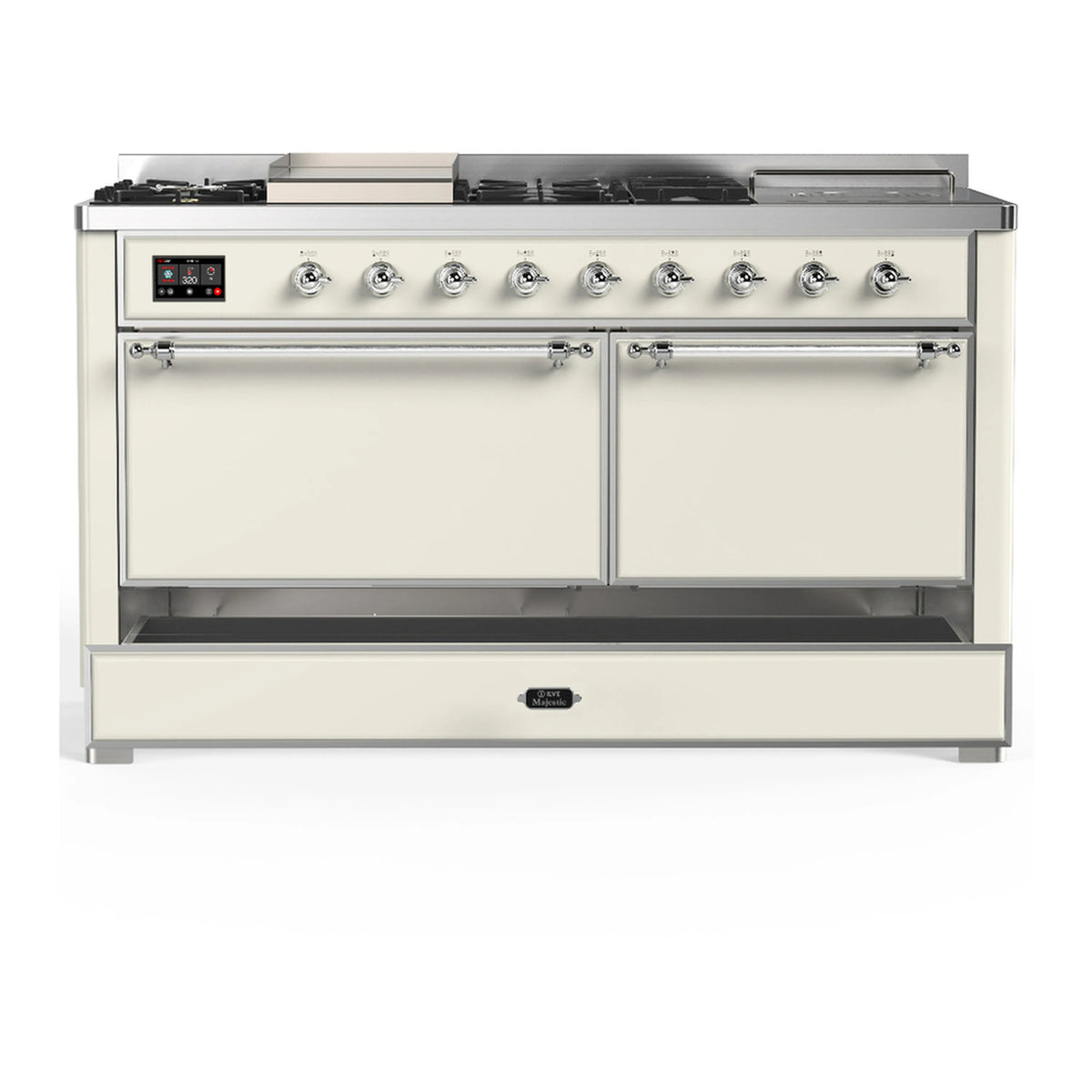 Antique white dual fuel range with chrome trim, closed oven doors and lower storage drawer