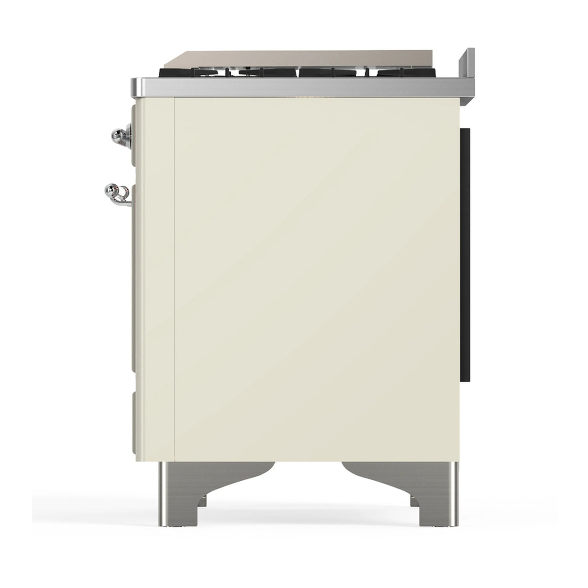 Antique white range side view with chrome legs, handle, and black top cooking surface