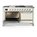 ILVE Majestic III 60-inch Dual Fuel Range with 7 Natural Gas Burner, Griddle, French Top and Solid Door Electric Oven in Antique White with Chrome Trim (UM60FSQNR3AWC)