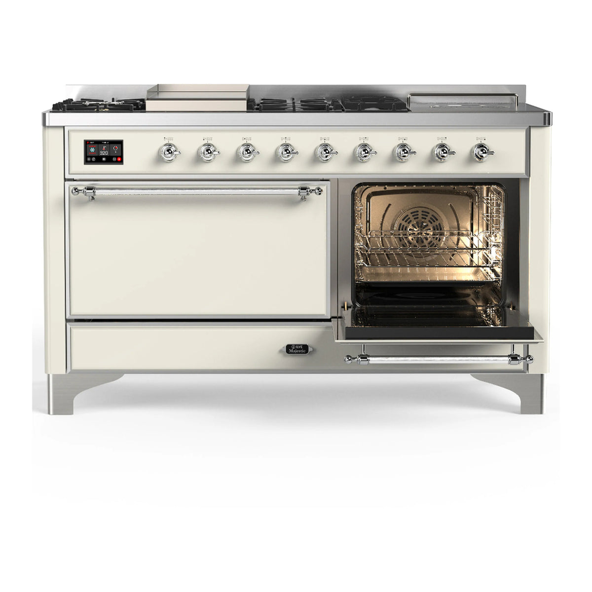 Antique white dual fuel range with chrome trim; oven door and broil area exposed.