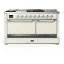 ILVE Majestic III 60-inch Dual Fuel Range with 7 Natural Gas Burner, Griddle, French Top and Solid Door Electric Oven in Antique White with Chrome Trim (UM60FSQNR3AWC)