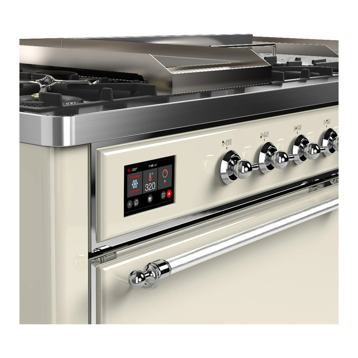 Antique white dual fuel range detail: digital display, chrome knobs, and control panel.