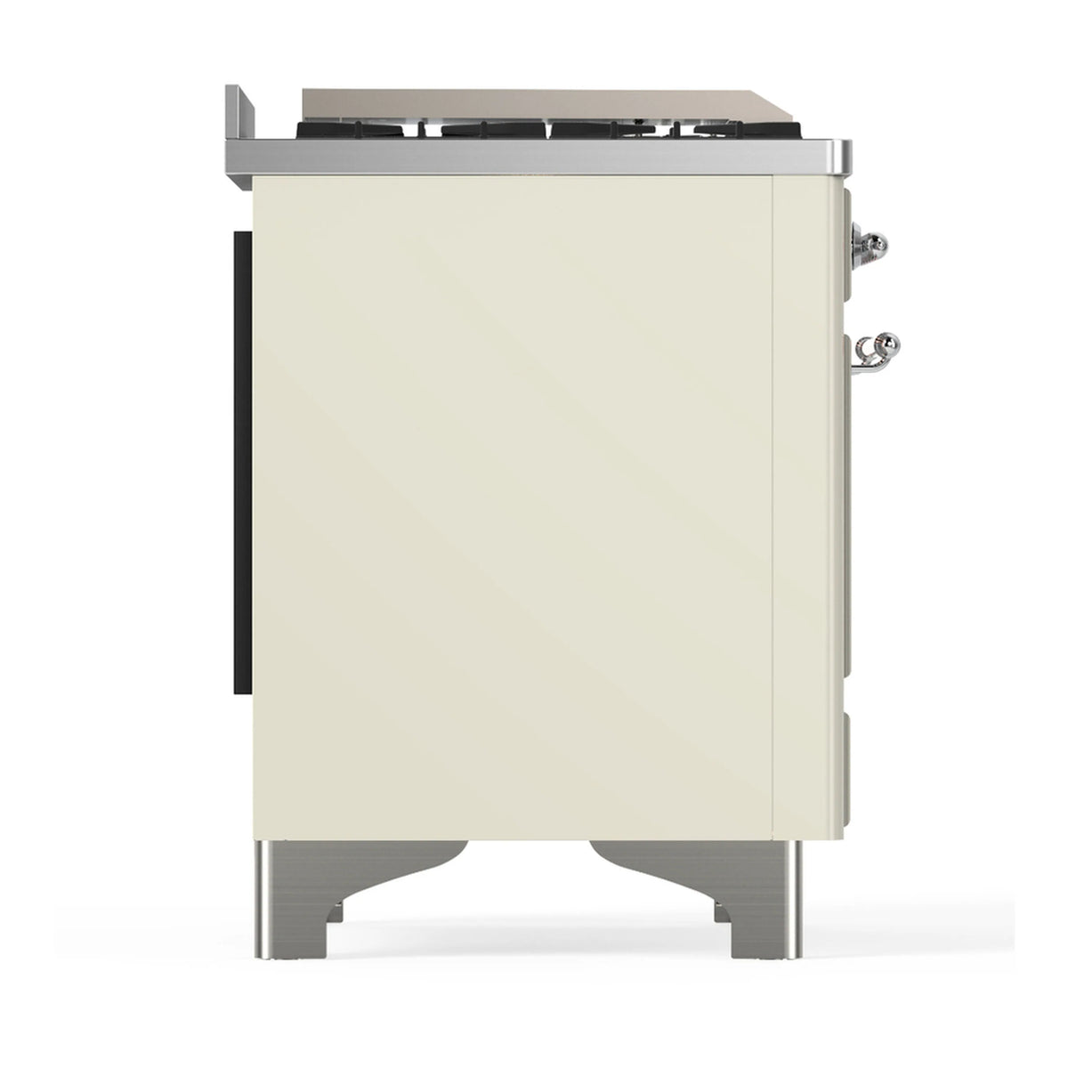 Antique white dual fuel range side panel view with chrome handle and control hardware.