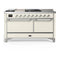 ILVE Majestic III 60-inch Dual Fuel Range with 7 Natural Gas Burner, Griddle, French Top and Solid Door Electric Oven in Antique White with Chrome Trim (UM60FSQNR3AWC)