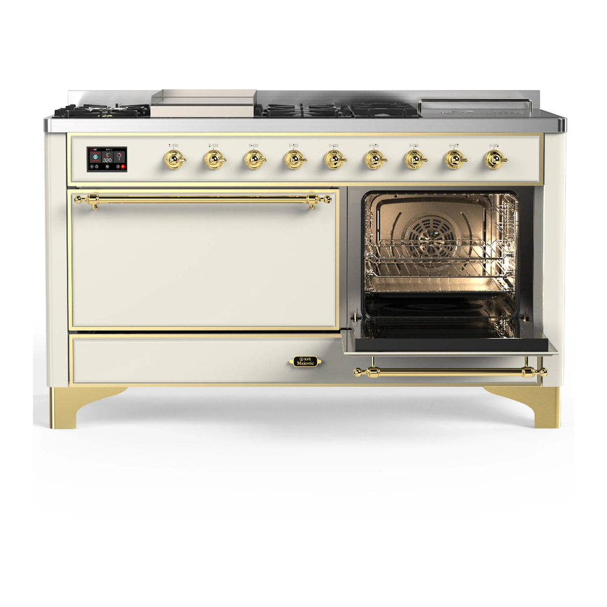 Antique white dual-fuel range with brass trim, left oven closed and right oven open