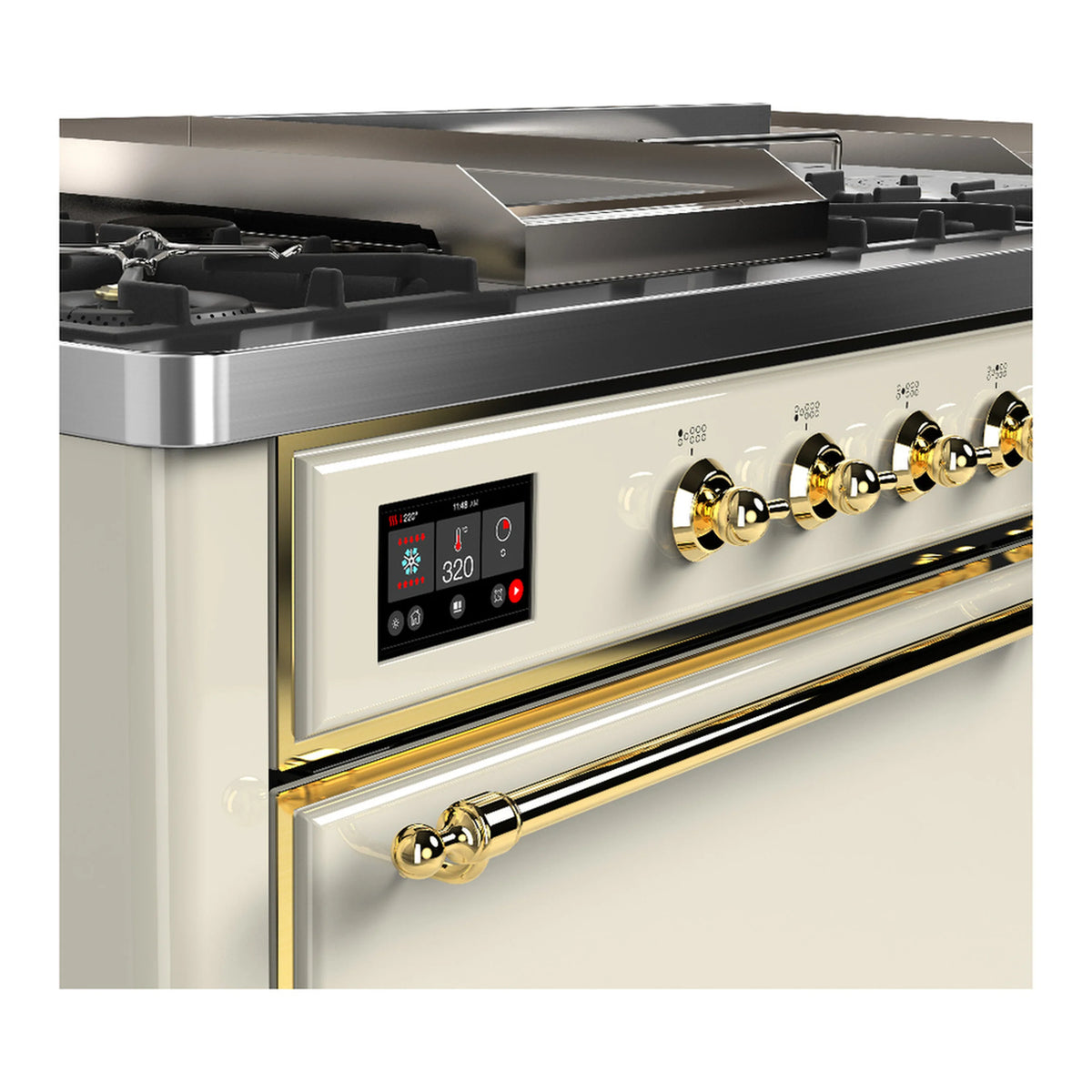 Antique white dual-fuel range with brass trim, front control panel and gold knobs