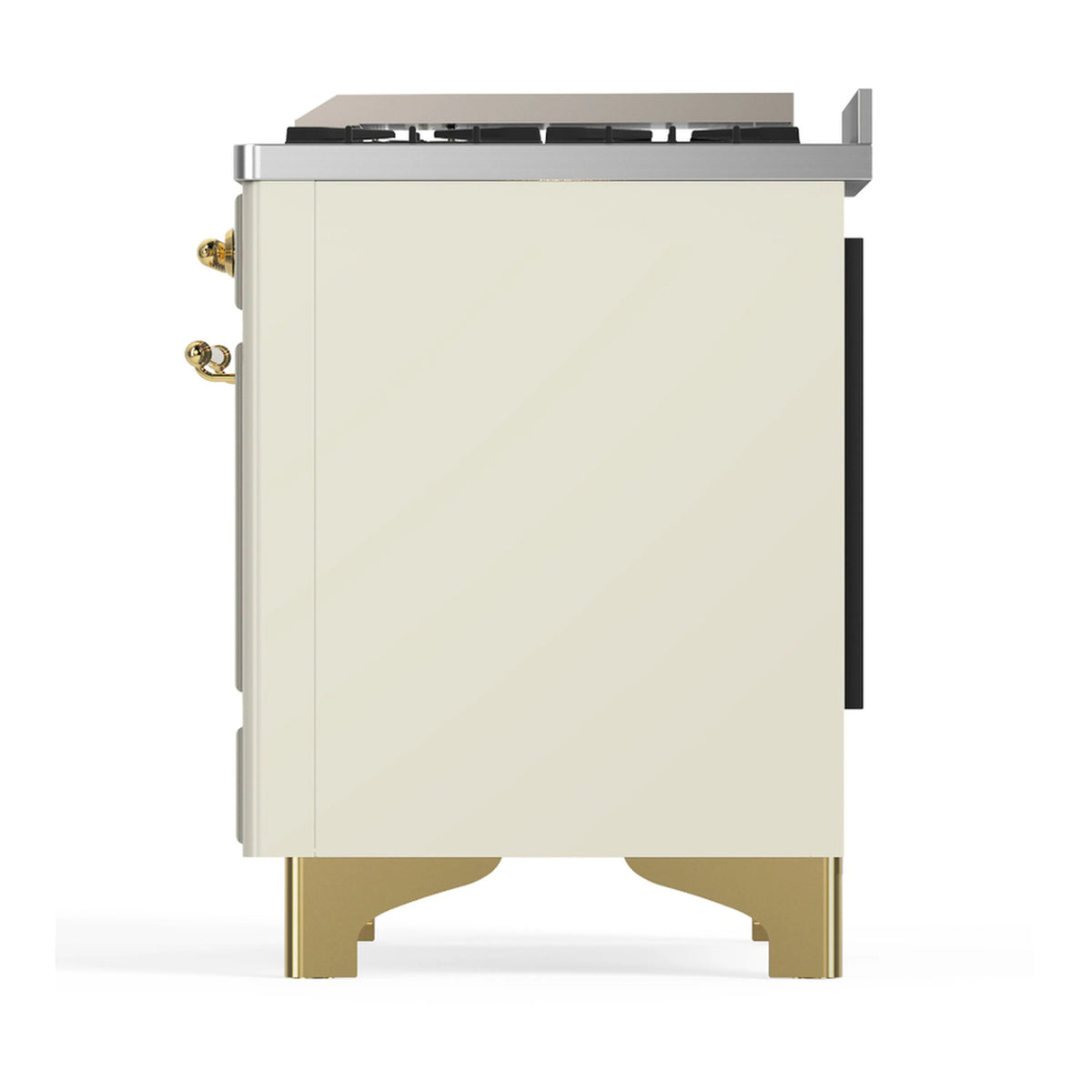 Antique white dual-fuel range rear side panel with brass trim and leveling feet