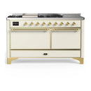 ILVE Majestic III 60-inch Dual Fuel Range with 7 Natural Gas Burner, Griddle, French Top and Solid Door Electric Oven in Antique White with Brass Trim (UM60FSQNR3AWG)