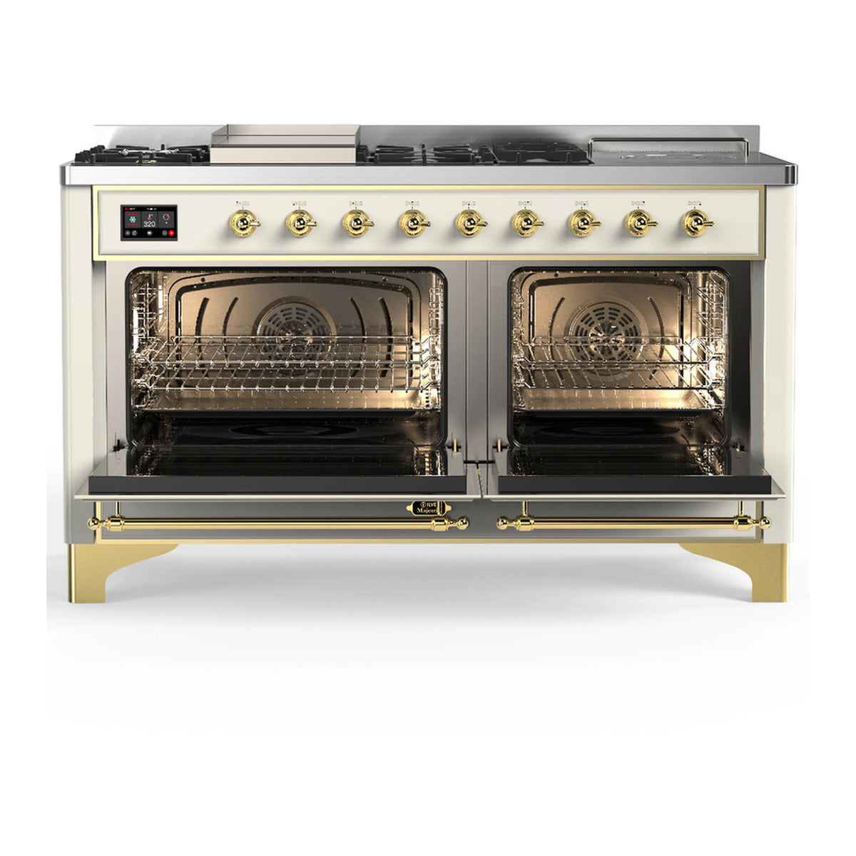 Antique white dual fuel range with brass trim, two open ovens with racks