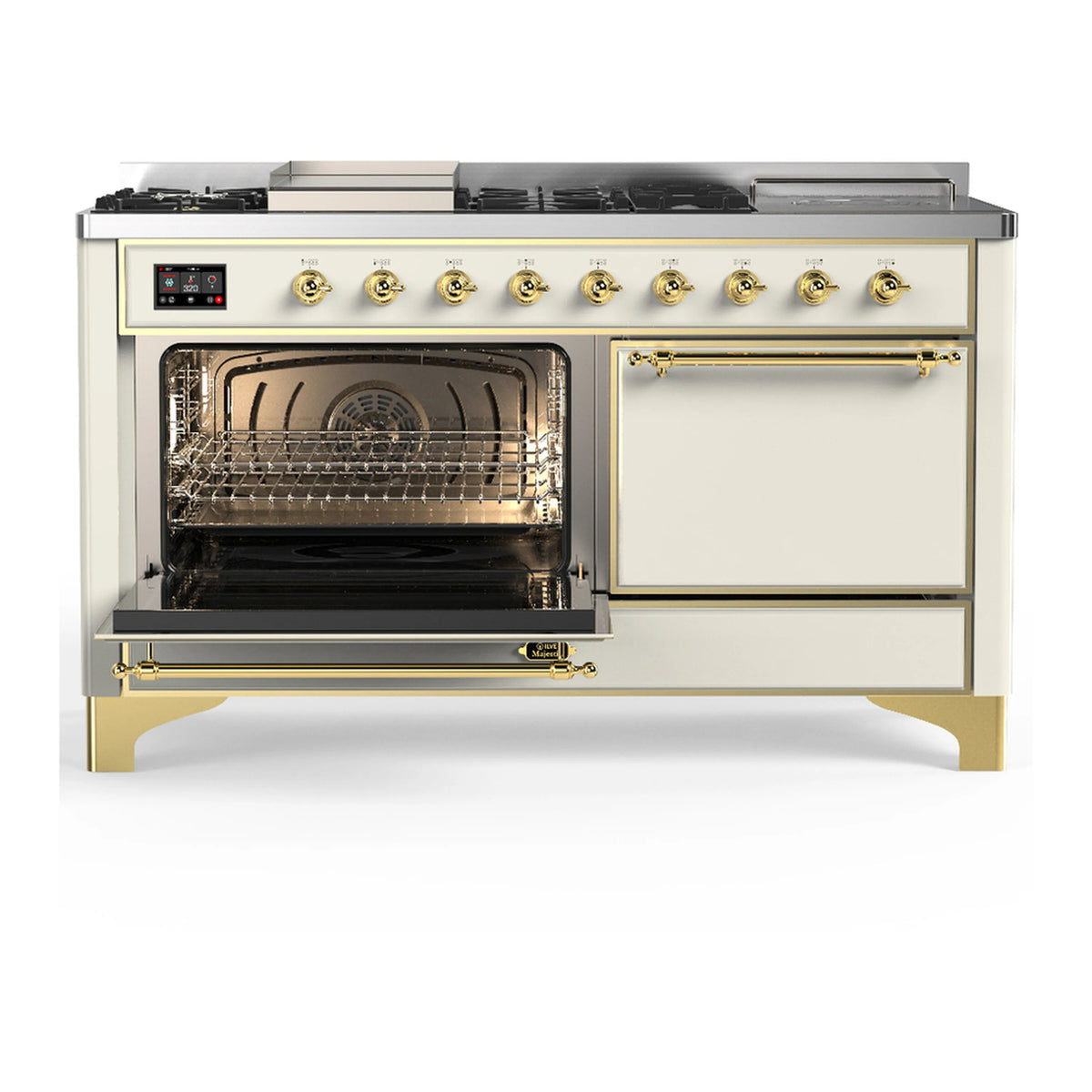 Antique white dual fuel range with brass trim, open oven door and warming drawer