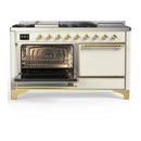 ILVE Majestic III 60-inch Dual Fuel Range with 7 Natural Gas Burner, Griddle, French Top and Solid Door Electric Oven in Antique White with Brass Trim (UM60FSQNR3AWG)