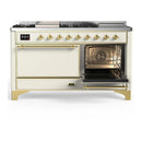 ILVE Majestic III 60-inch Dual Fuel Range with 7 Natural Gas Burner, Griddle, French Top and Solid Door Electric Oven in Antique White with Brass Trim (UM60FSQNR3AWG)