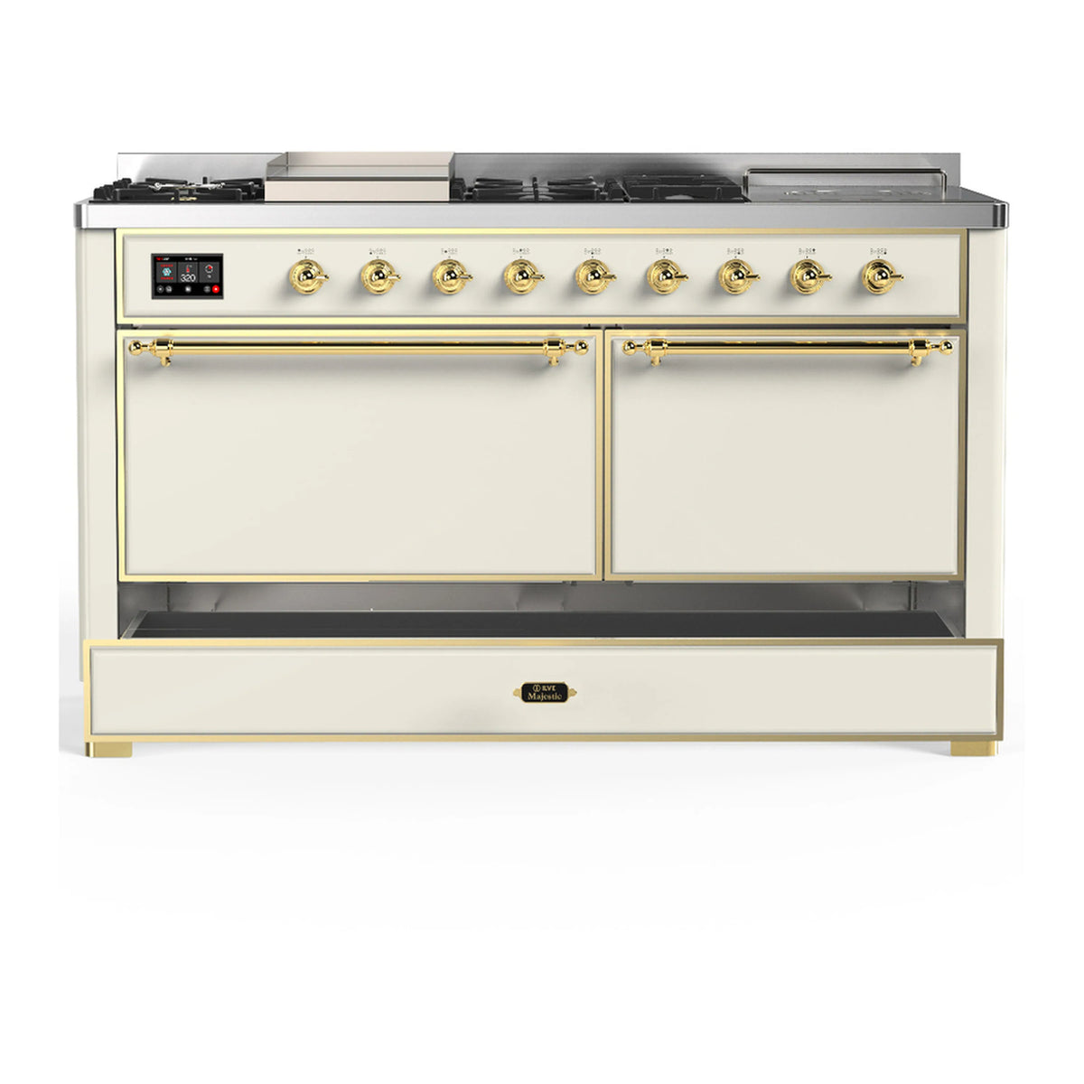 Antique white dual fuel range with brass trim, two front doors and front control knobs