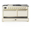 ILVE Majestic III 60-inch Dual Fuel Range with 7 Natural Gas Burner, Griddle, French Top and Solid Door Electric Oven in Antique White with Brass Trim (UM60FSQNR3AWG)