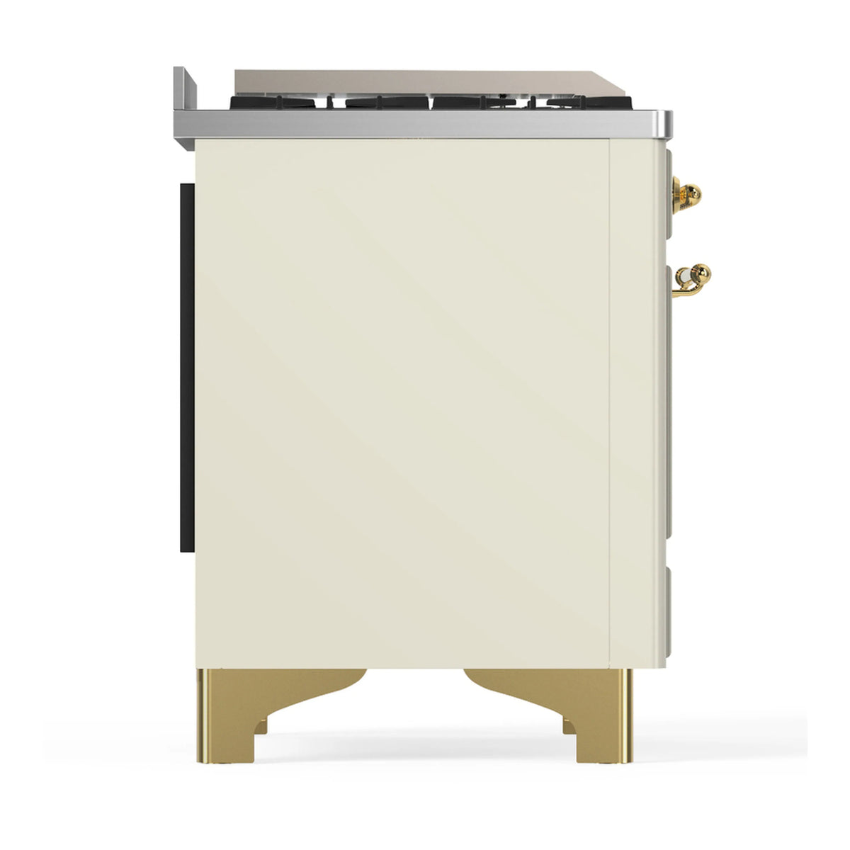 Antique white dual fuel range side panel with brass-trimmed base and black side vent