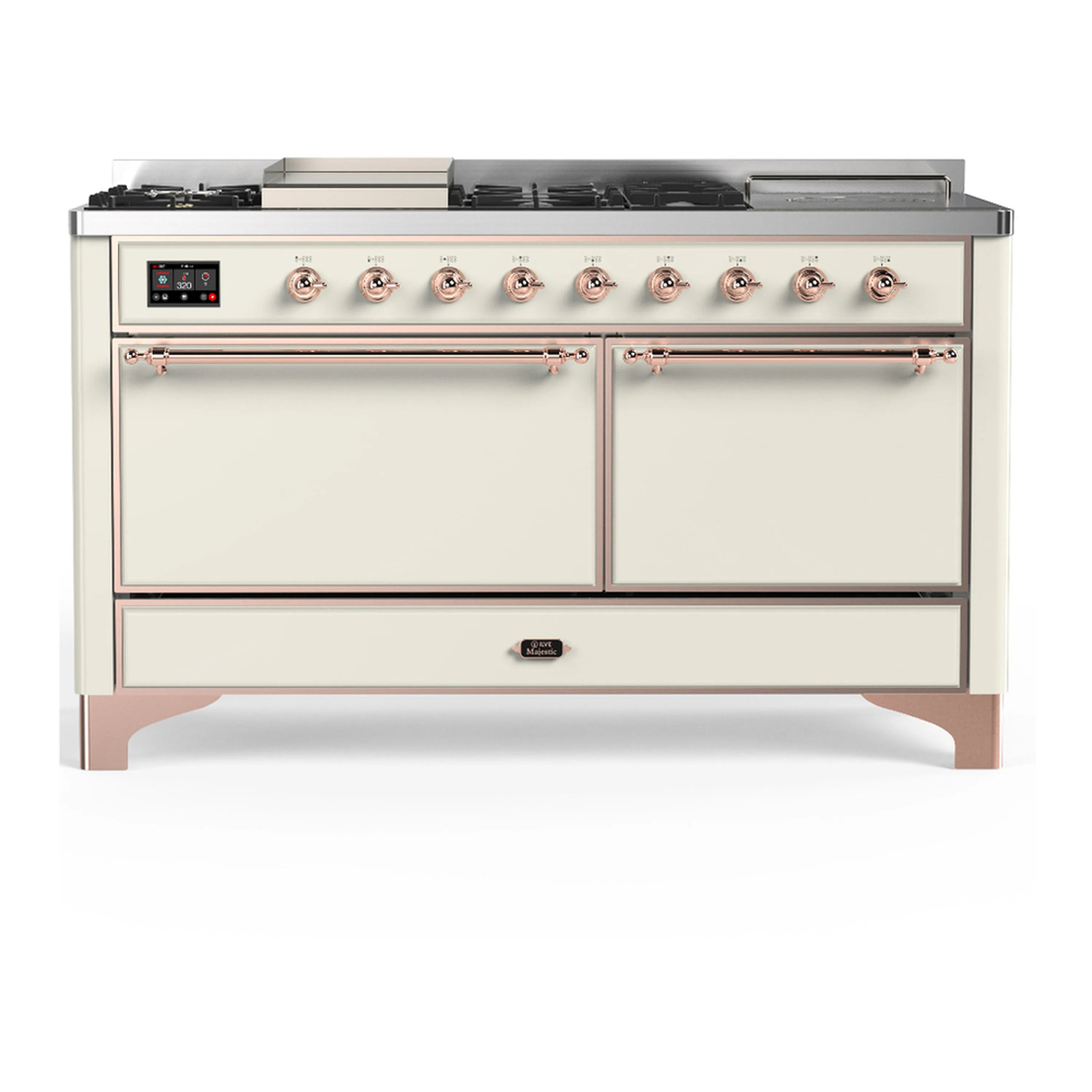 Antique white dual fuel range with copper-trimmed control knobs and closed oven doors