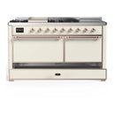 ILVE Majestic III 60-inch Dual Fuel Range with 5 Liquid Propane Burner, Griddle, French Top and Solid Door Electric Oven in Antique White with Copper Trim (UM60FSQNR3AWPLP)