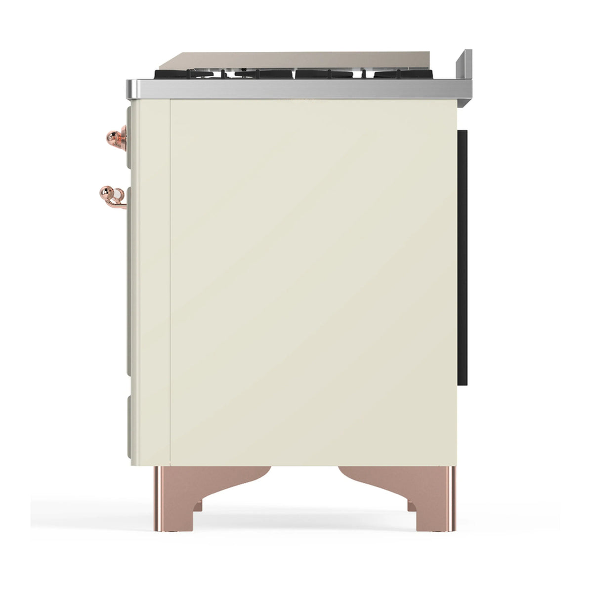 Antique white dual fuel range back corner view with copper-trimmed base and side valves