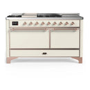 ILVE Majestic III 60-inch Dual Fuel Range with 7 Natural Gas Burner, Griddle, French Top and Solid Door Electric Oven in Antique White with Copper Trim (UM60FSQNR3AWP)