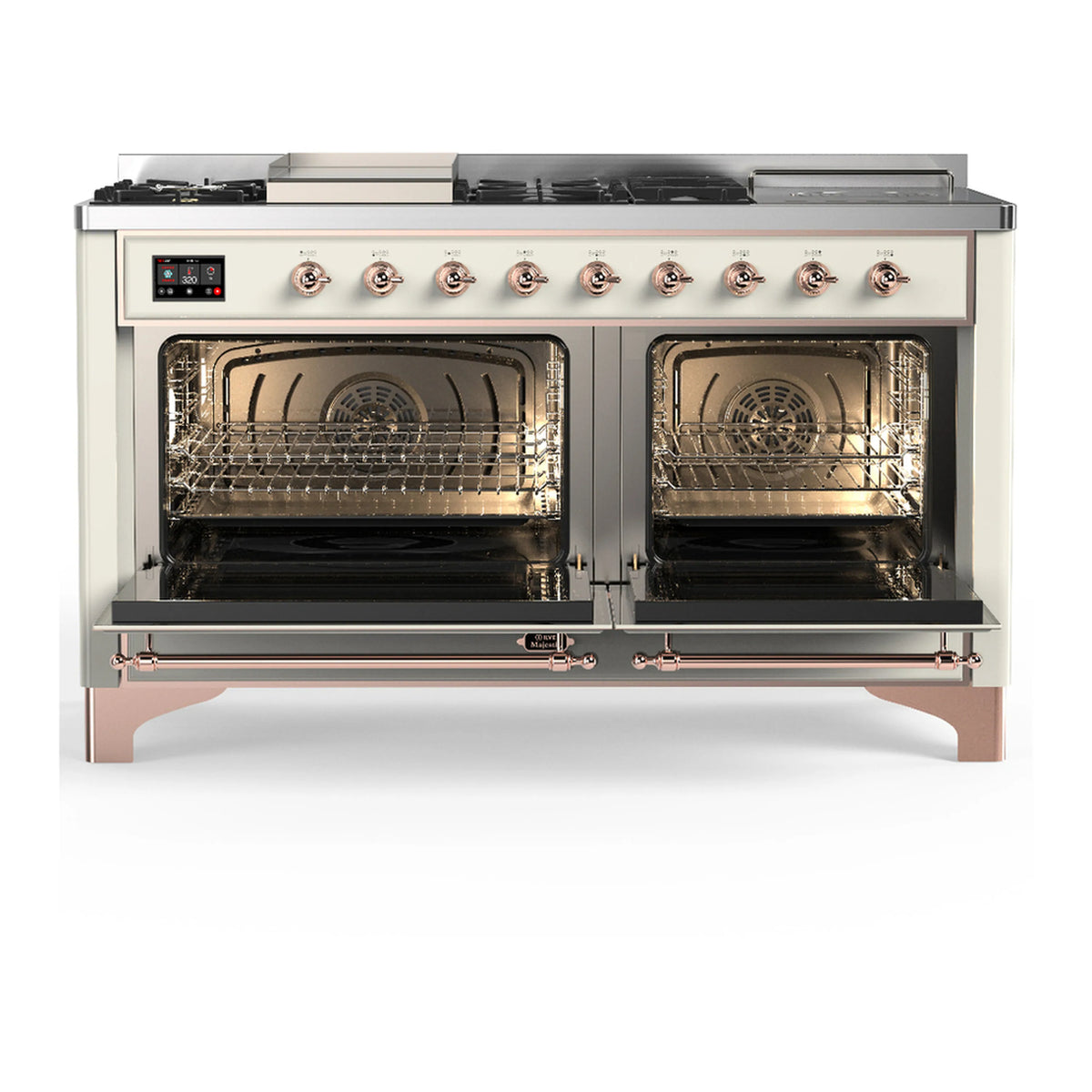Antique white dual-fuel range with two open oven doors, racks, and copper-trim control knobs