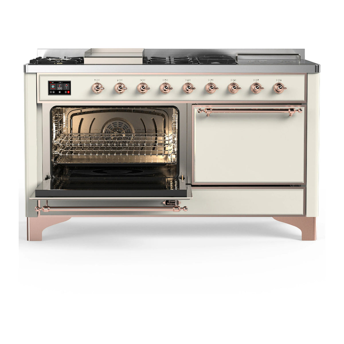 Antique white dual-fuel range with left open oven door and copper-trim griddle controls
