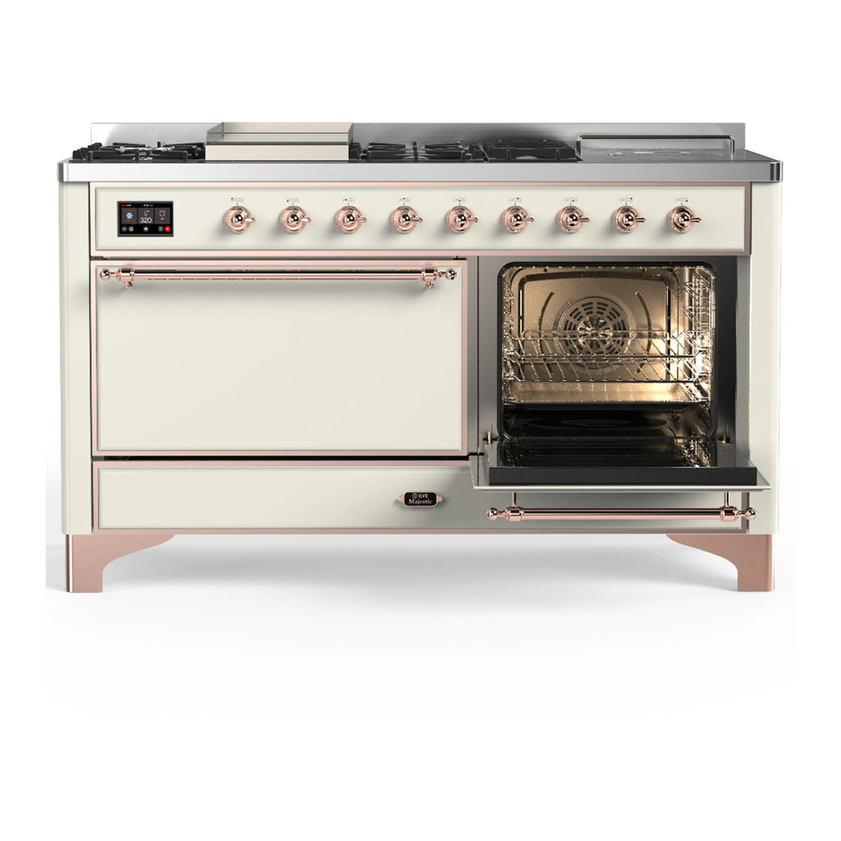 Antique white dual-fuel range with open oven door, interior rack, and copper-trim handles