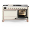 ILVE Majestic III 60-inch Dual Fuel Range with 7 Natural Gas Burner, Griddle, French Top and Solid Door Electric Oven in Antique White with Copper Trim (UM60FSQNR3AWP)