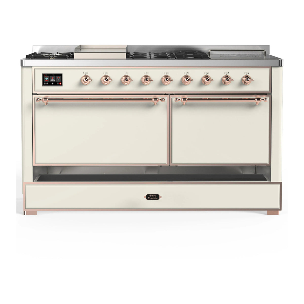 Antique white dual-fuel range with front doors closed and copper-trim control bar
