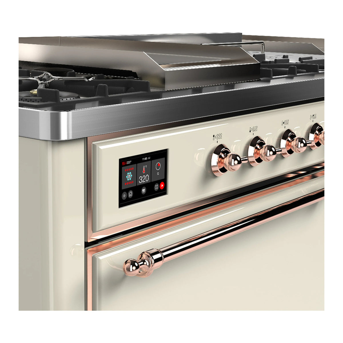 Dual-fuel range front with digital display, copper-trim burner knobs, and griddle control rail