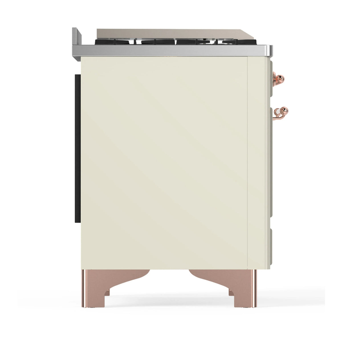 Antique white dual-fuel range side view with built-in side panels and copper-trim feet