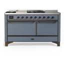 ILVE Majestic III 60-inch Dual Fuel Range with 5 Liquid Propane Burner, Griddle, French Top and Solid Door Electric Oven in Blue Grey with Burnished Trim (UM60FSQNR3BGBLP)