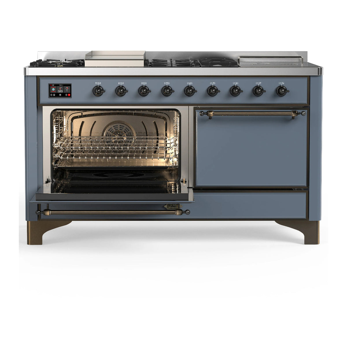 Blue grey dual fuel range with left oven door open and wire rack on gray interior