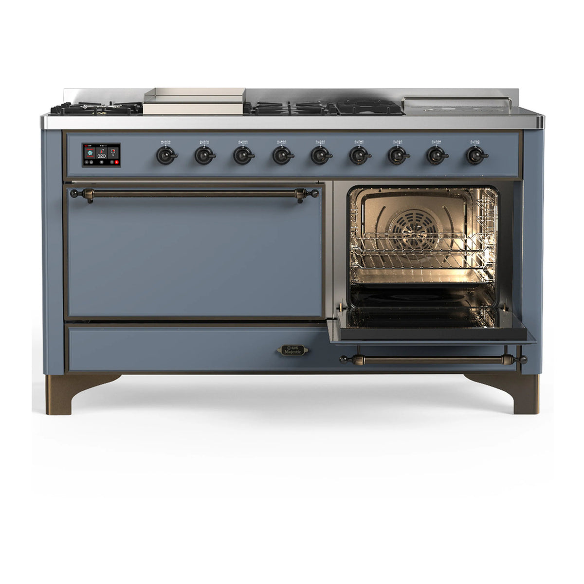 Blue grey dual fuel range with right oven door open, showing wire rack and burner