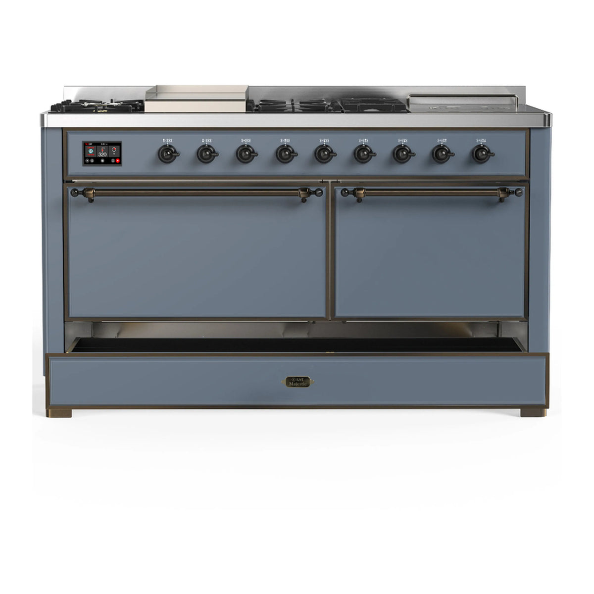 Blue grey dual fuel range with two front doors closed and centered storage drawer