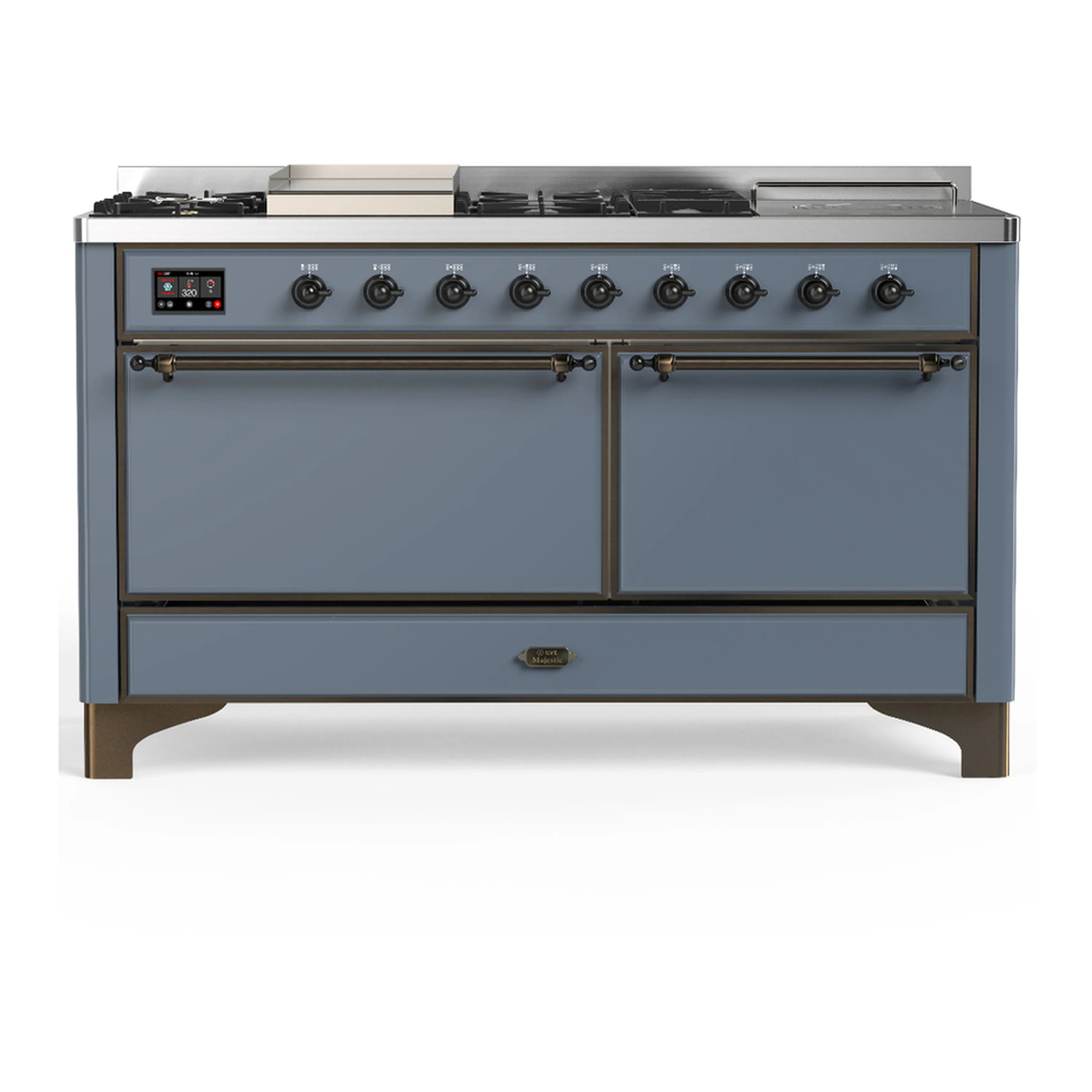 Blue grey dual fuel range with two solid doors and control panel, burnished trim