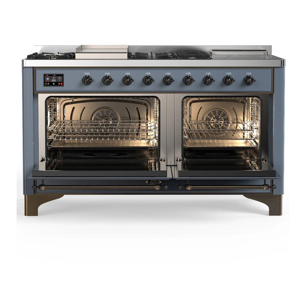 Blue grey dual fuel range with both oven doors open, racks inside and burner controls visible