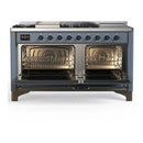 ILVE Majestic III 60-inch Dual Fuel Range with 7 Natural Gas Burner, Griddle, French Top and Solid Door Electric Oven in Blue Grey with Burnished Trim (UM60FSQNR3BGB)