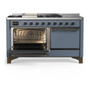ILVE Majestic III 60-inch Dual Fuel Range with 7 Natural Gas Burner, Griddle, French Top and Solid Door Electric Oven in Blue Grey with Burnished Trim (UM60FSQNR3BGB)